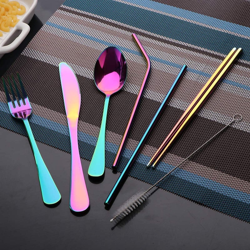 OASMU Travel Utensils Set with Case Reusable Portable Cutlery Set Stainless Steel 8pcs Including Dinner Knife Fork Spoon Chopsticks Straws(Rainbow) - Image 2